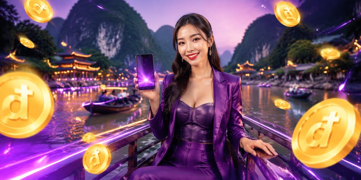 Khung cảnh Ninh Bình với giao diện casino mobile trong ánh sáng neon